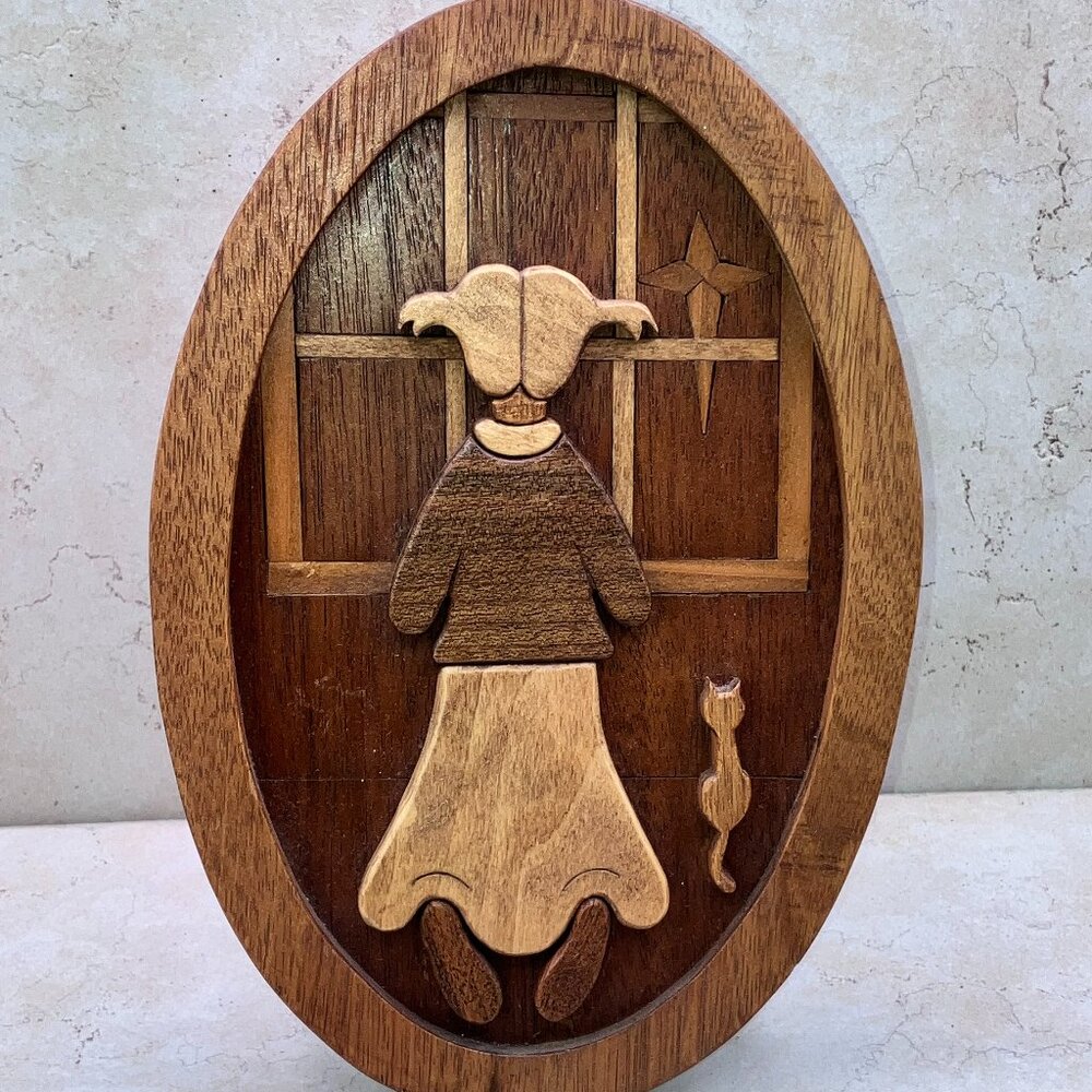 Artist Signed  Wood Inlay Oval Decor With Stand Kneeling Girl and Cat Handmade